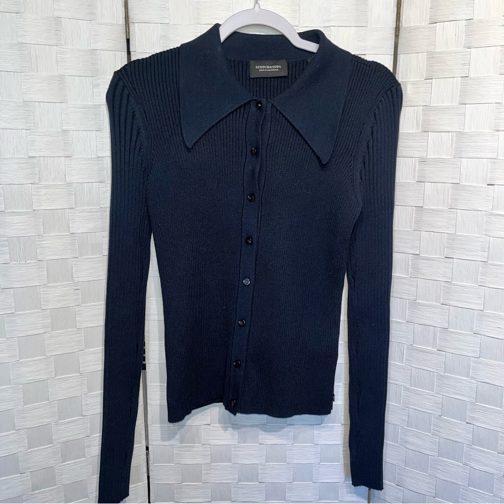 Scotch & Soda Women’s Navy Ribbed Button Down Long Sleeve Polo Cardigan Fitted